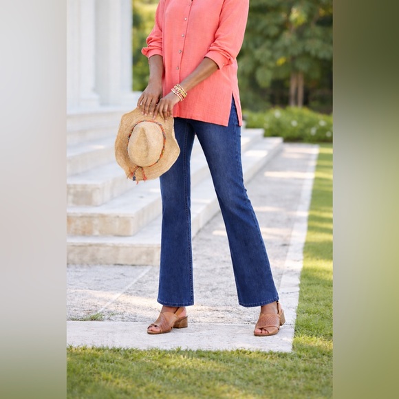 Soft Surroundings High Rise Pull On Bootcut Jeans Blue Stretch Denim L - Picture 1 of 6